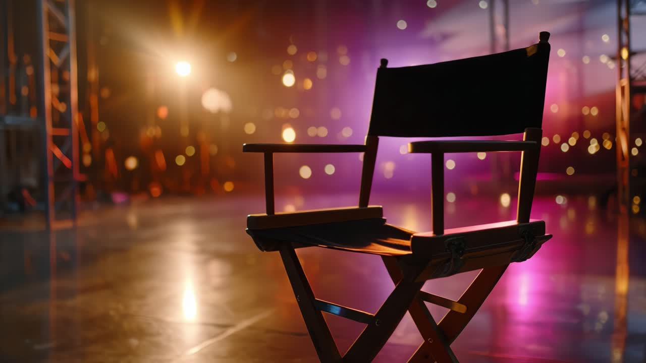An Iconic Director's Chair Highlighted by Vibrant Stage Lights and Artistic Backdrops, Capturing the Essence of Creativity and Performance in a Studio Setting