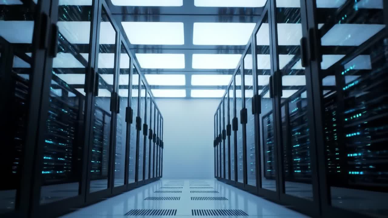 A tour through a cutting-edge data center showcasing rows of high-speed servers and glowing network equipment. Experience the organized structure and technological advancements in digital storage.