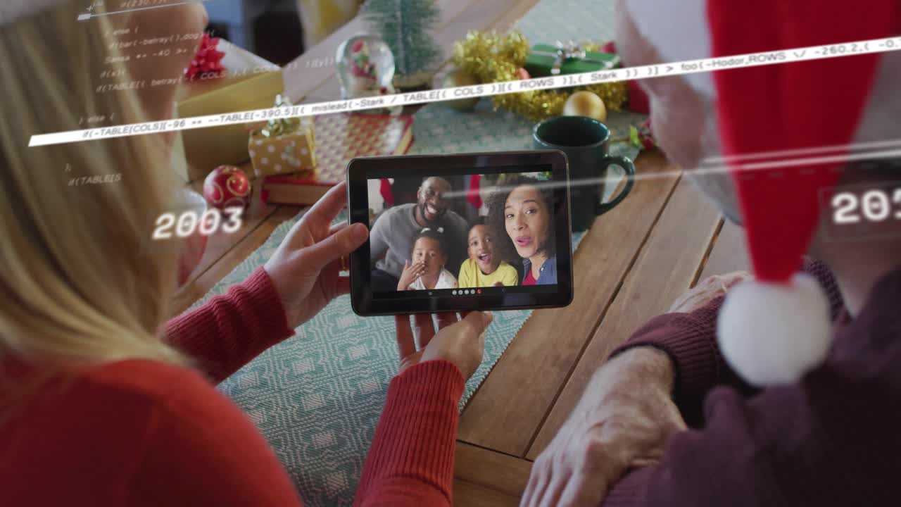Grandparents holding tablet at holiday, accepting call and connecting while tech timeline animating