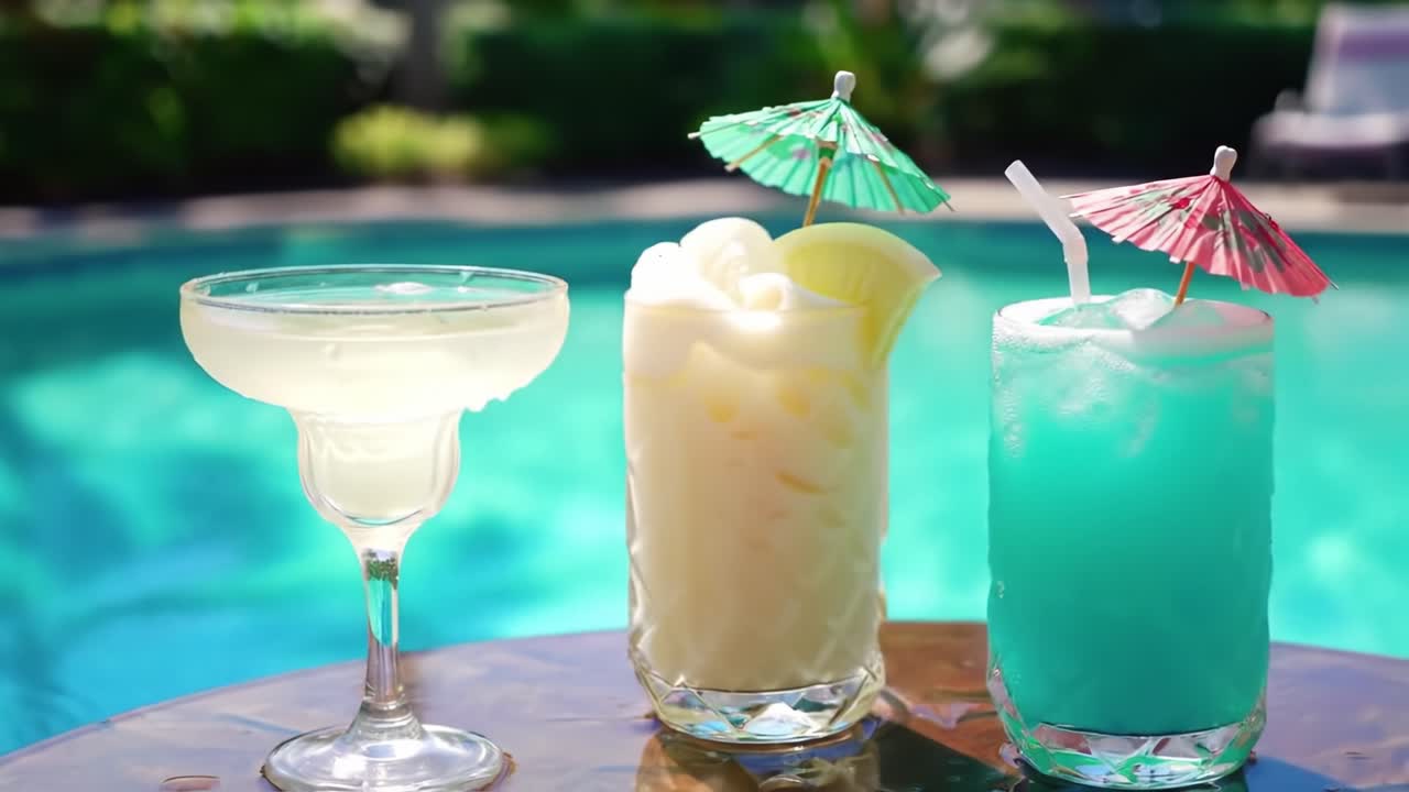 Refreshing Summer Cocktails: A Close-Up of Vibrant Drinks by the Poolside with Colorful Umbrellas and Ice in a Tropical Paradise Setting