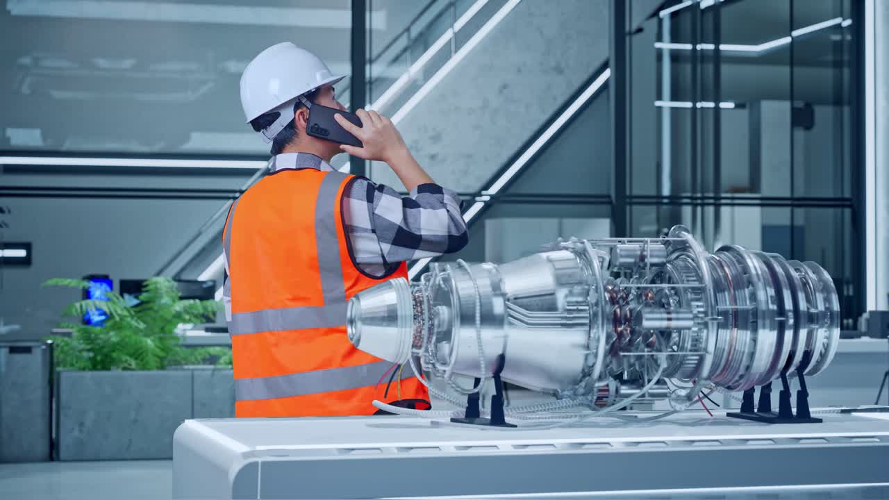 ingegnere che parla al telefono vicino al motore del jet