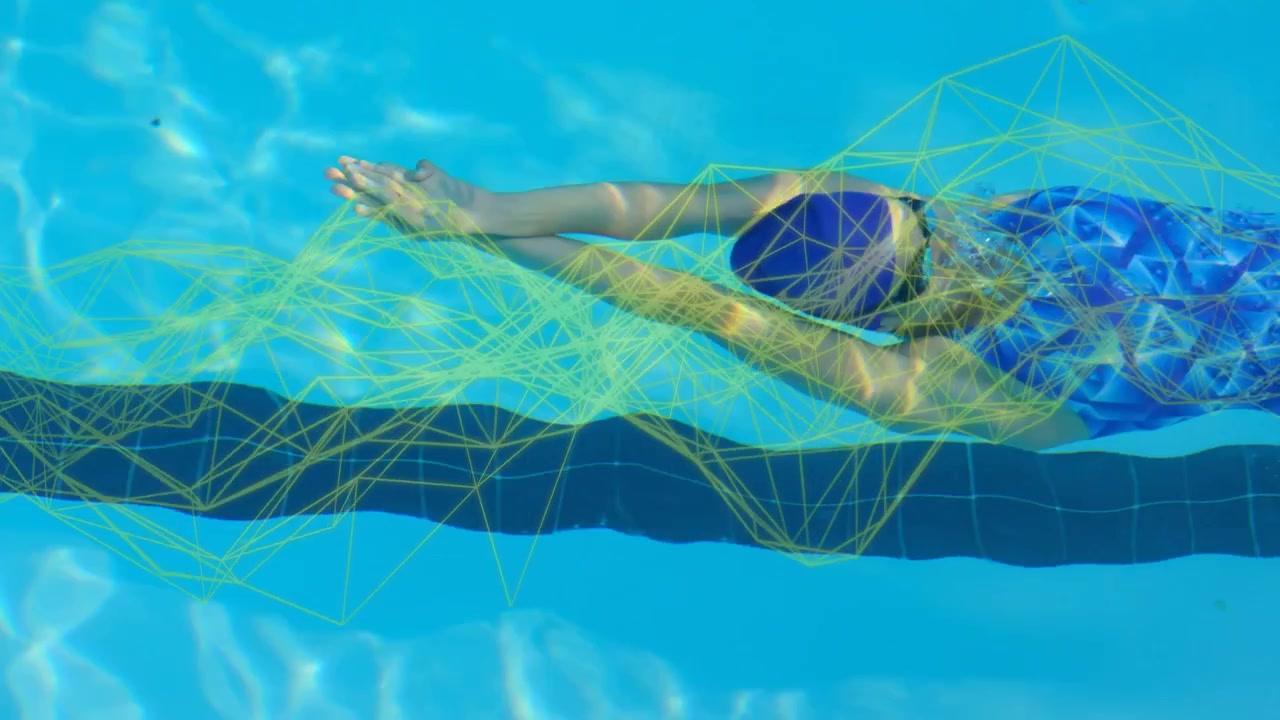 Woman swimmer entering frame for training and gliding along lane with yellow wireframe around her
