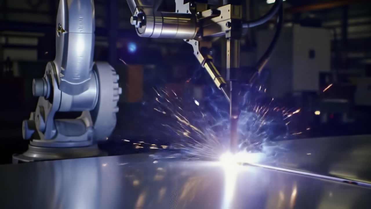 Advanced Robotic Welding in Action: A Close-Up Look at Precision Metalworking with Laser Technology and Sparkle Effects in a Modern Industrial Setting