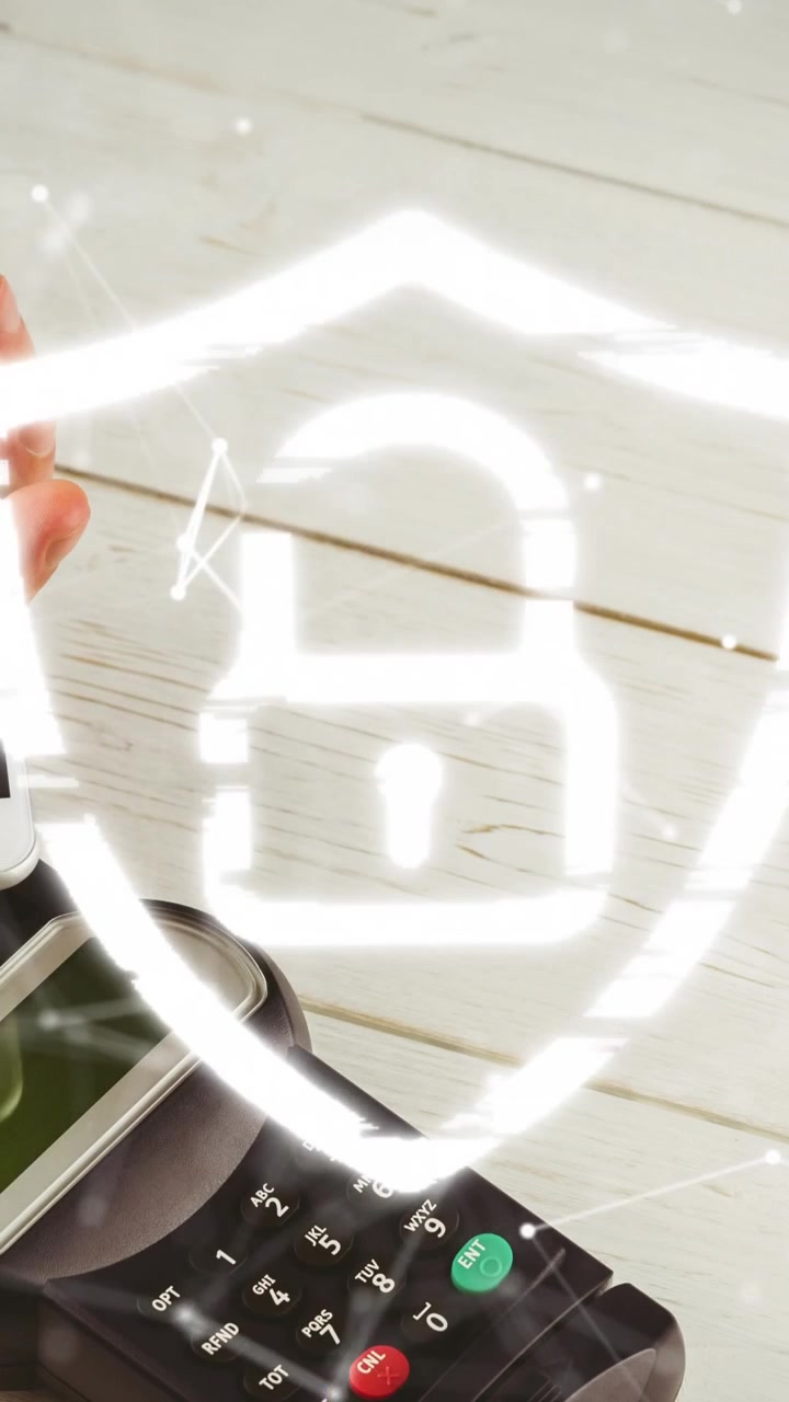 Animation of network of connections and security padlock over smartphone and payment terminal
