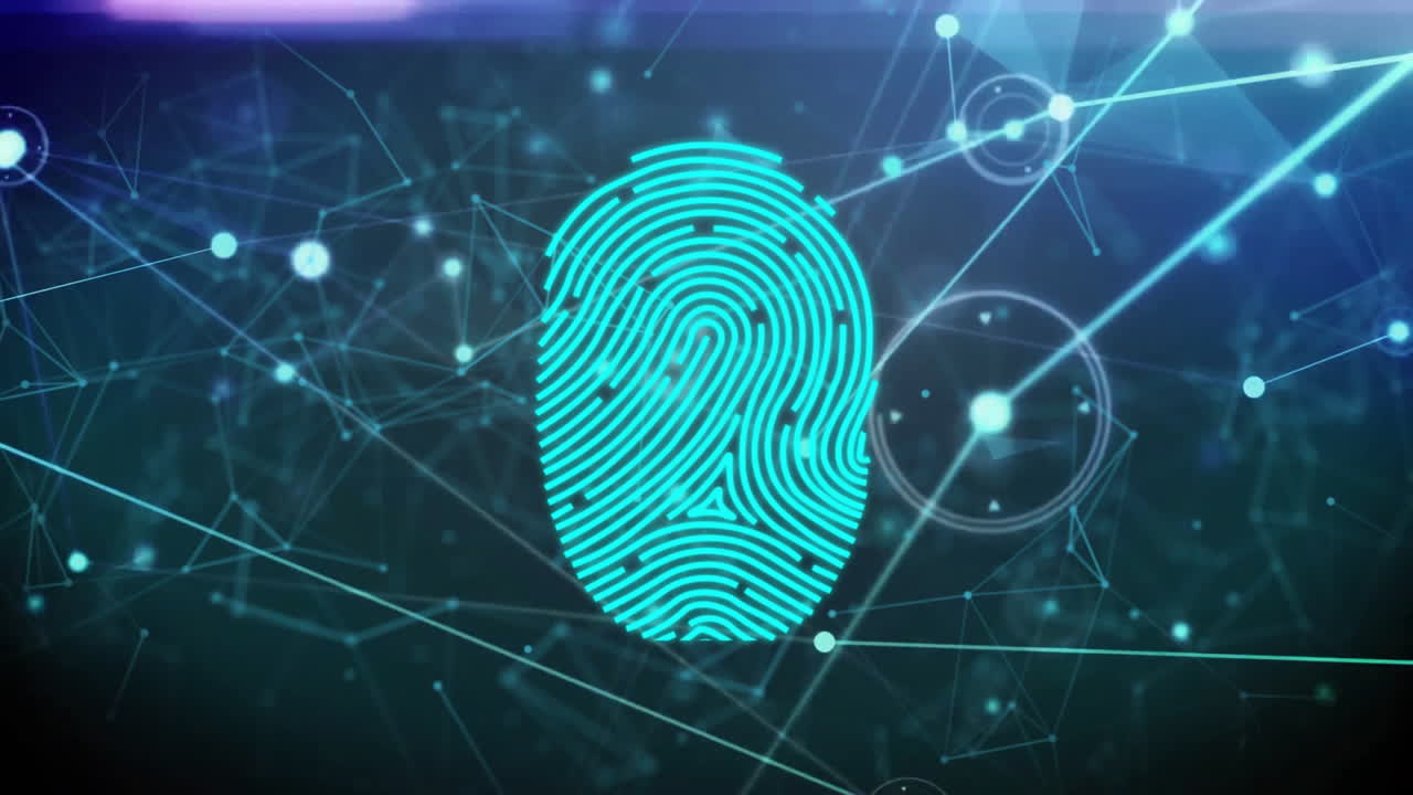 animación de la huella dactilar sobre una red de conexiones sobre un fondo negro