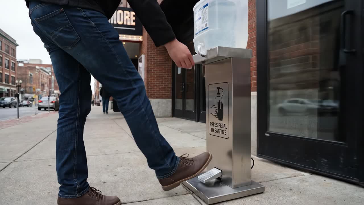 Persona che usa un dispenser igienizzante mani a pedale sul marciapiede cittadino