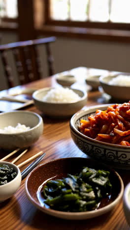 traditional korean meal with kimchi and rice