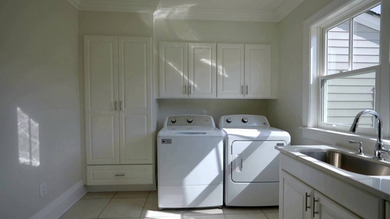 Sunlight entering window and camera moving closer, showing white washer or dryer in laundry room