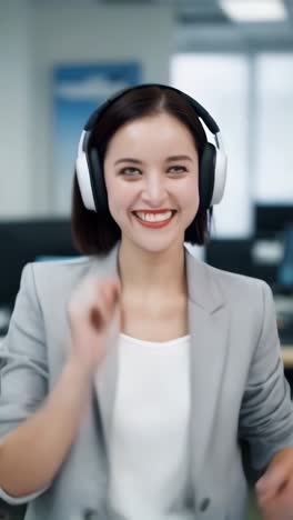 a happy young businesswoman wearing headphones and gray suit, joyfully dancing in an office.