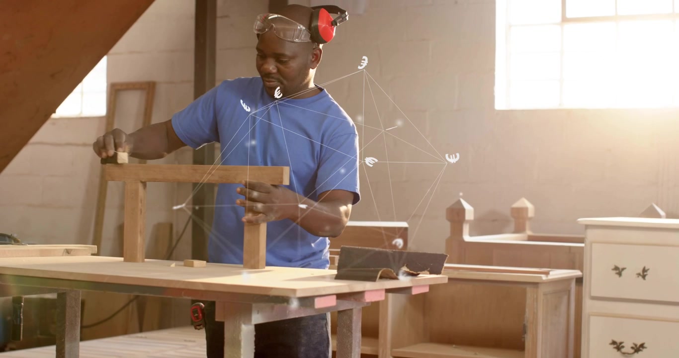 Worker lifting sanding block while smoothing bench frame edges with floating euro nodes overlay
