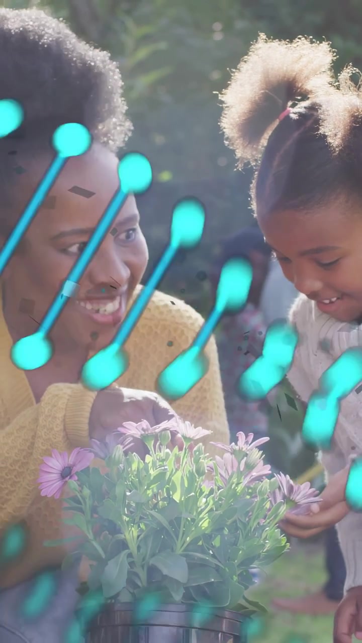 Vertical video: Woman pointing at pot, teaching gardening, child touching purple petals, teal sweep
