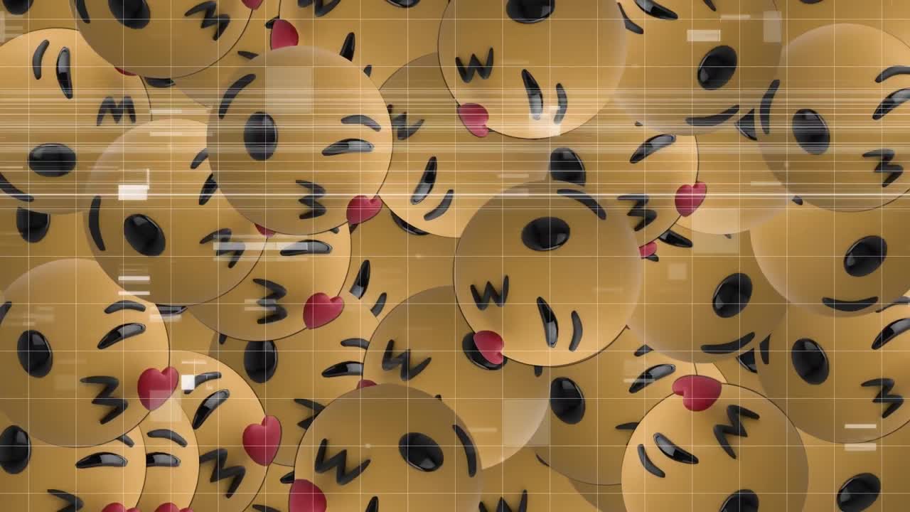 Digital animation of glitch effect over face blowing a kiss emojis falling against grey background