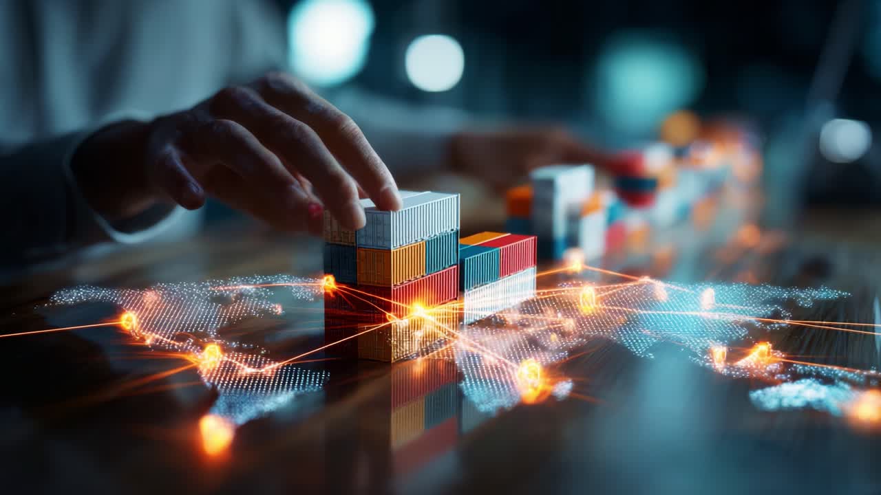 A close-up view of a hand manipulating colorful building blocks, illustrating a conceptual representation of networking and connectivity through vibrant visualizations of technology and data flow