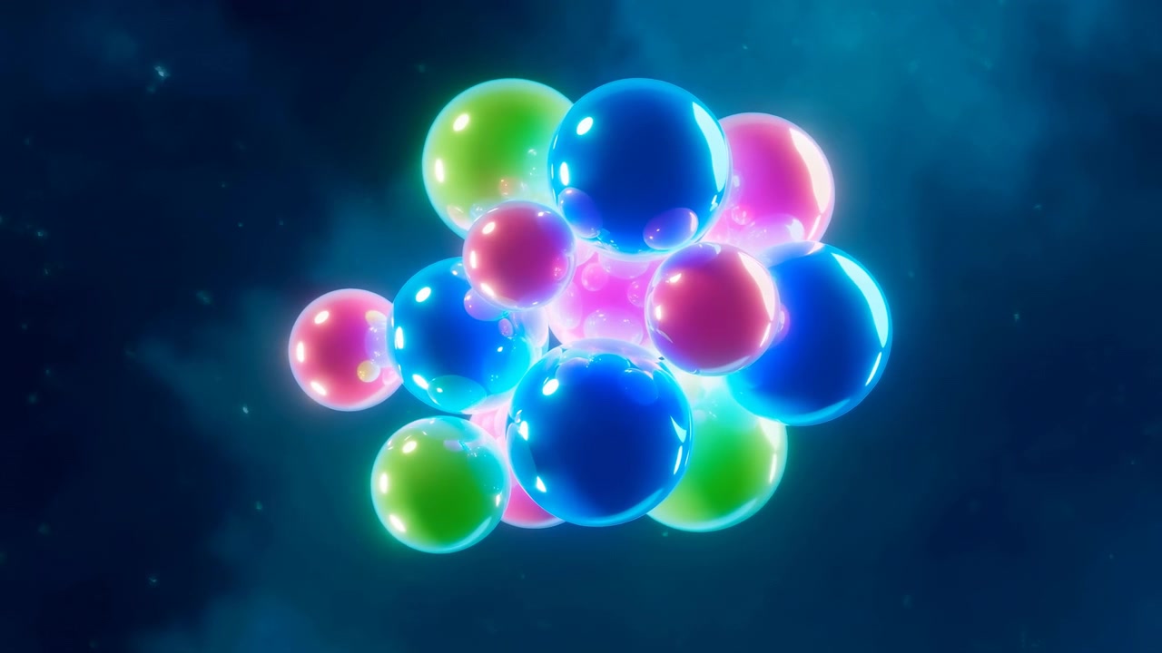 Un gruppo di sfere traslucide lucide brilla contro uno sfondo verde acqua intenso, con sfere stratificate blu neon, rosa, verdi e viola, forti riflessi, texture di plastica liscia, leggera foschia, layout centrato.