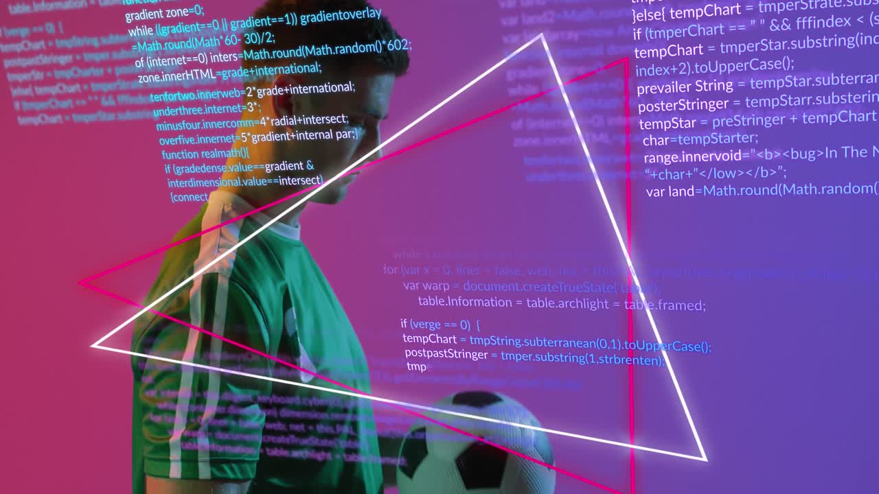 animación de un jugador de fútbol caucásico sobre procesamiento de datos