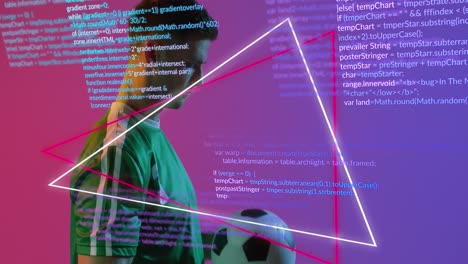 Animation of caucasian male soccer player over data processing