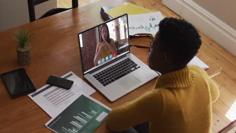 mujer afroamericana haciendo una videollamada con una colega en una computadora portátil en casa