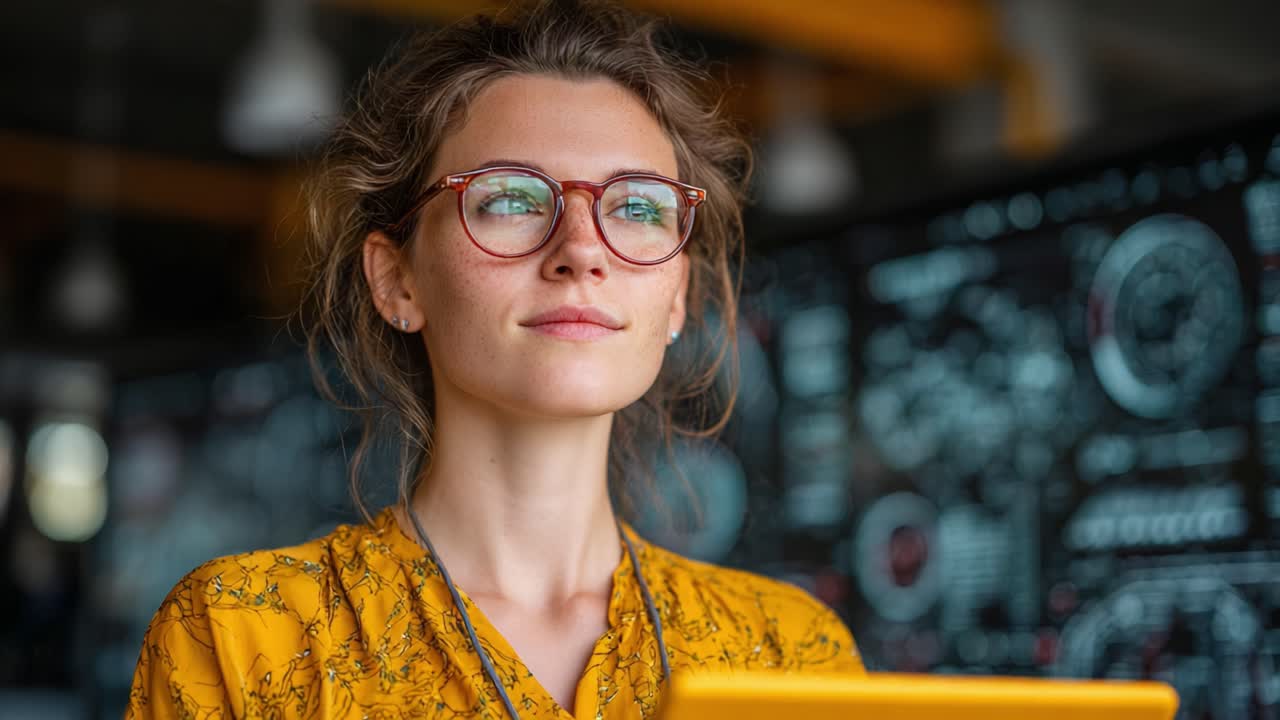 A Thoughtful Professional in a Modern Workspace: This image captures a contemplative moment of a woman with glasses, immersed in her creative environment while engaging with data