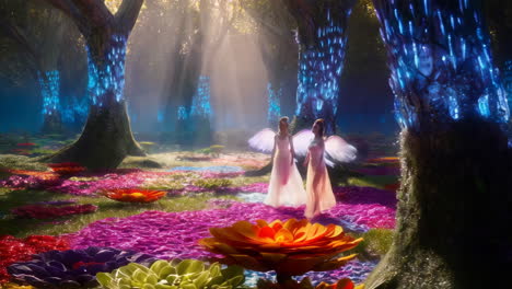 two fairies in an enchanted luminous forest
