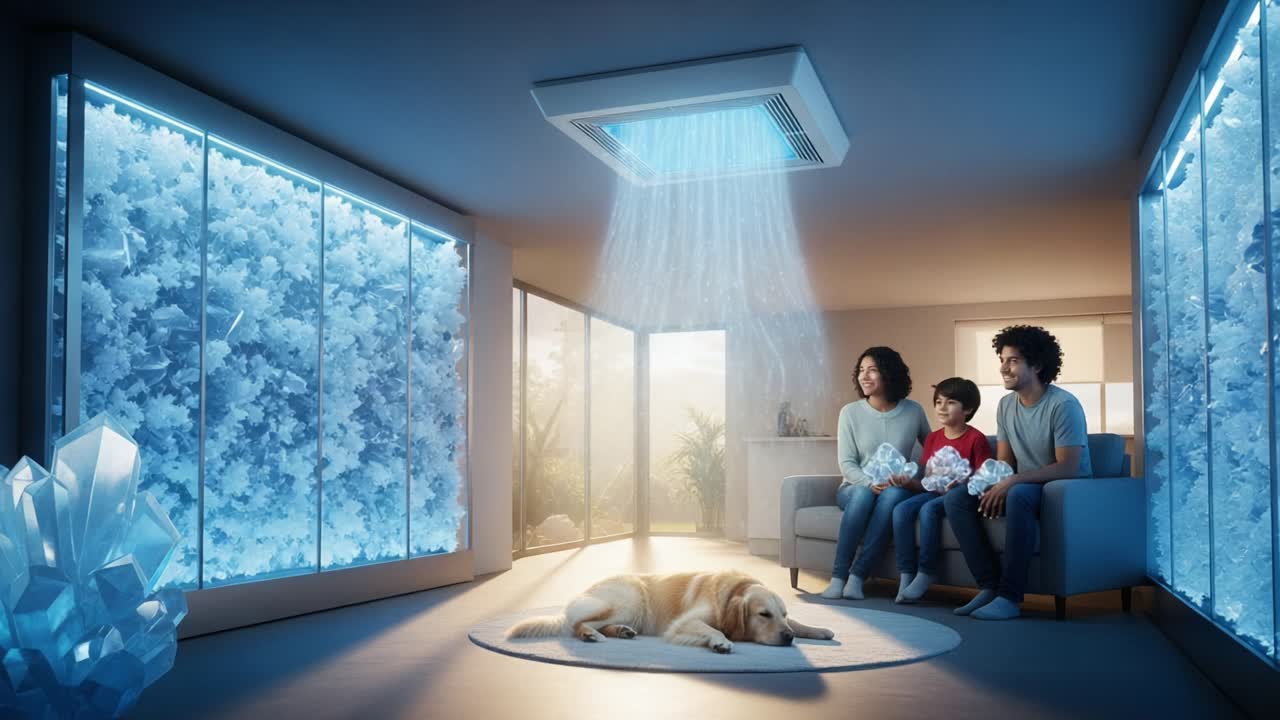 A Cozy Family Moment: A Family Enjoys Togetherness in a Bright Room Surrounded by Ice Crystals While Their Dog Lies Comfortably at Their Feet