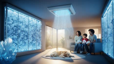 a cozy family moment: a family enjoys togetherness in a bright room surrounded by ice crystals while their dog lies comfortably at their feet
