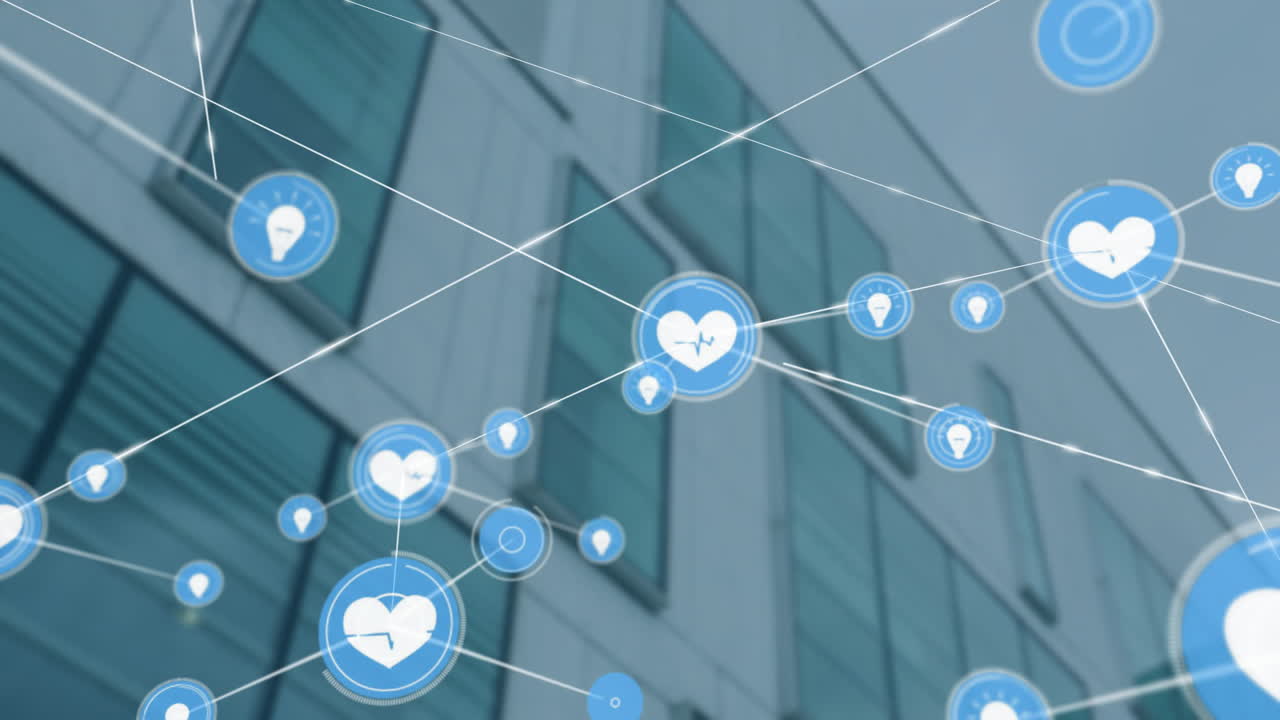 Network of health and technology icons animation over modern office building