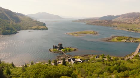 aerial drone footage of eilean donan castle, one of scotland’s most iconic landmarks, located on a small tidal island