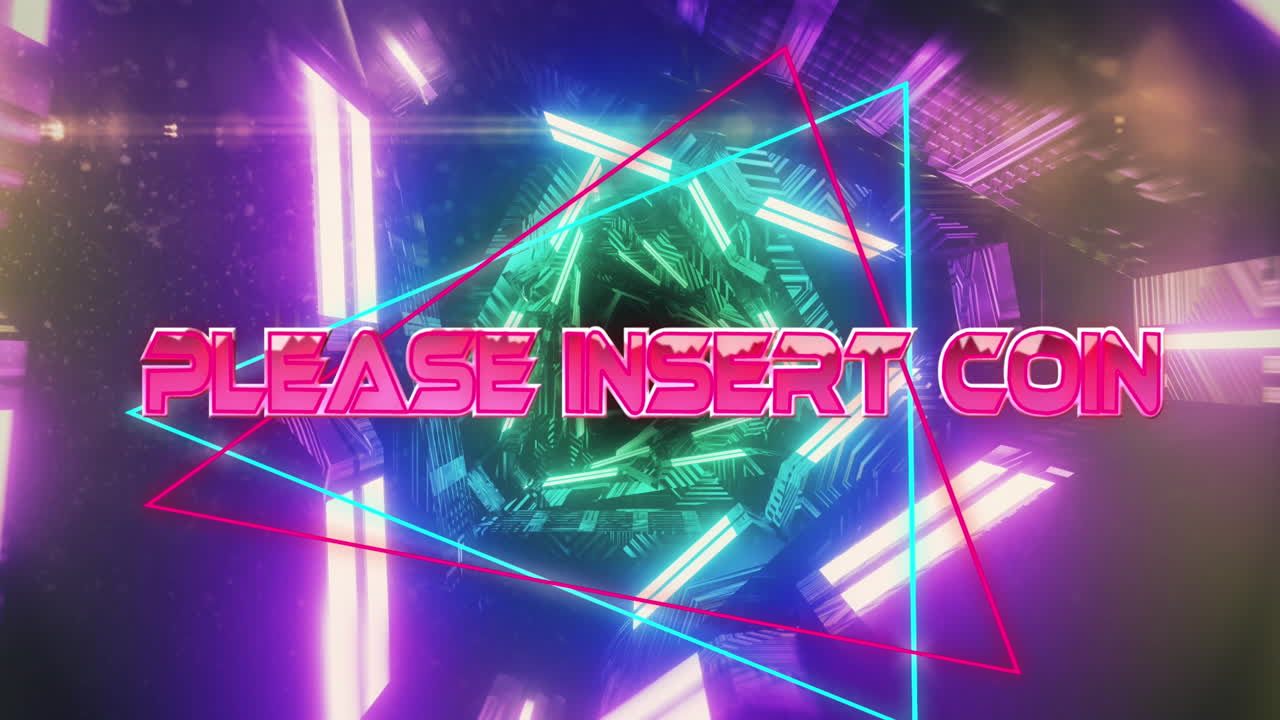 animación de por favor inserte el texto de la moneda sobre el túnel digital en movimiento