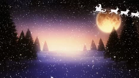 Animation-Von-Fallendem-Schnee,-Schlitten-Und-Regenhirschen-über-Der-Winterlandschaft