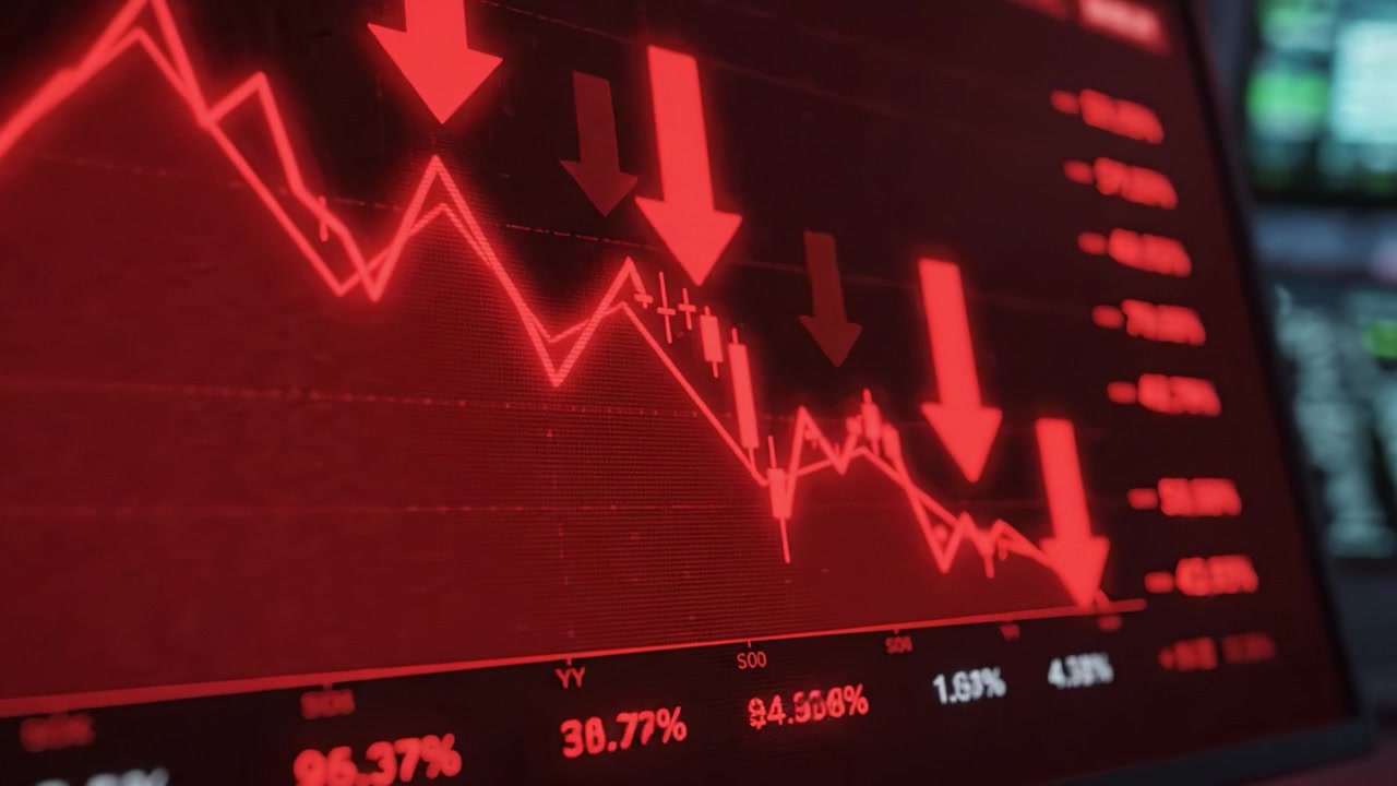Financial Market Crash: A Close-Up Look at the Declining Stock Indicators and Downward Trends Captured in Two Distinct Frames Demonstrating Market Volatility