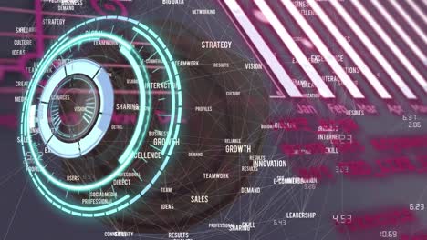 Animation-of-illuminated-globe-with-graph,-radar-and-programming-language-over-abstract-background