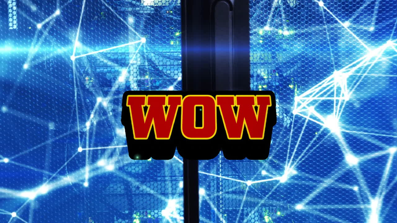 Animation of digital network connections with glowing blue background and Wow text