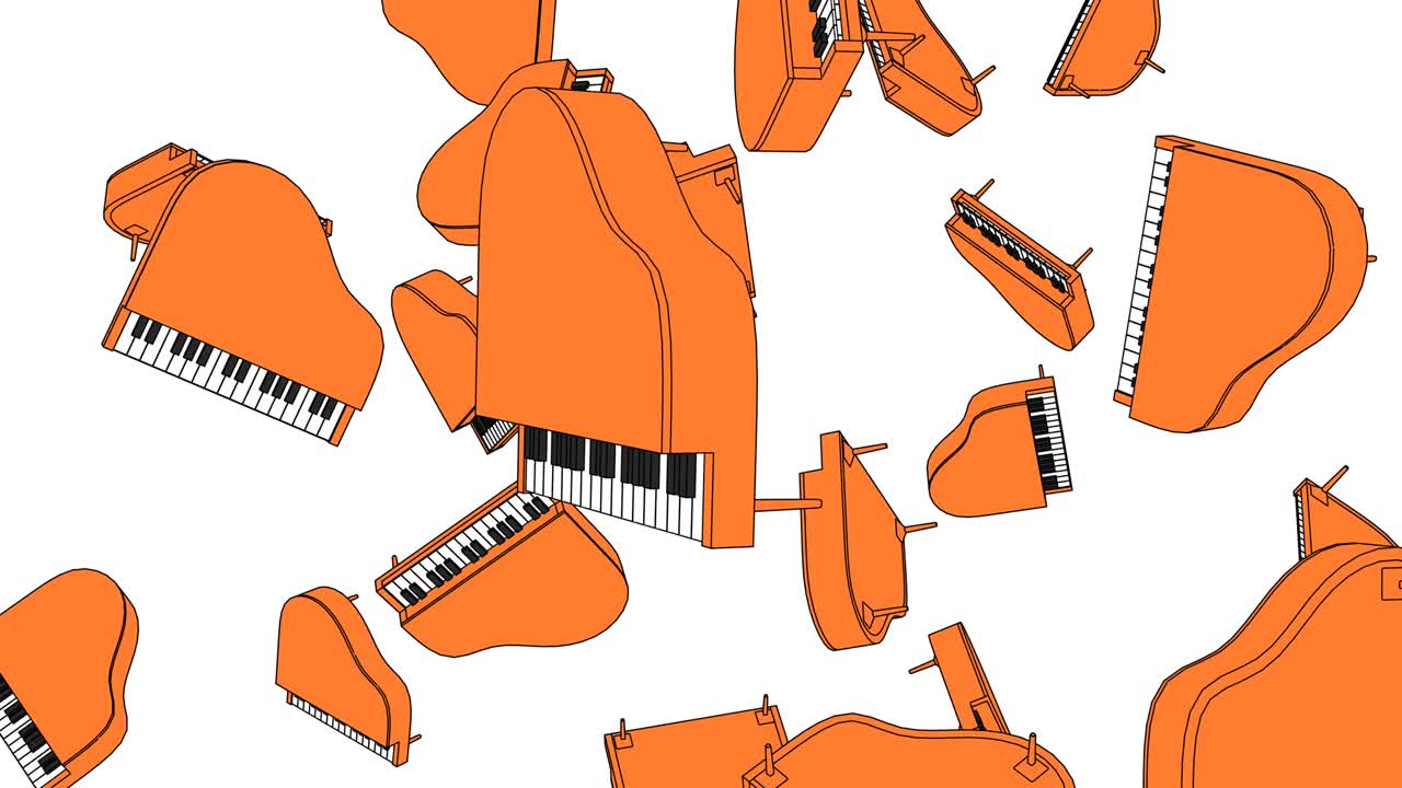 Molti pianoforti arancioni su sfondo bianco