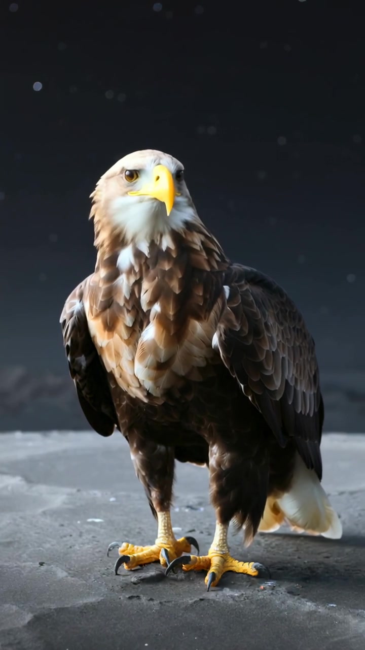 Vidéo verticale : Gros plan sur un grand aigle tournant la tête sur une corniche rocheuse la nuit, montrant son bec jaune.