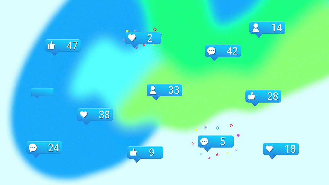 Animazione di icone di interazione sui social media su sfondo astratto blu e verde