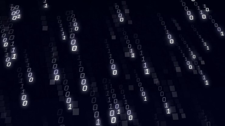 Animation von binärer Codierungsdatenverarbeitung über schwarzem Hintergrund