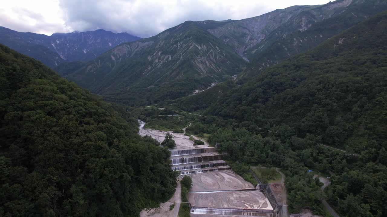Scenic View Of Mountains And Matsu River, Hakuba Valley Of The Japanese Alps In Summer - Drone Shot