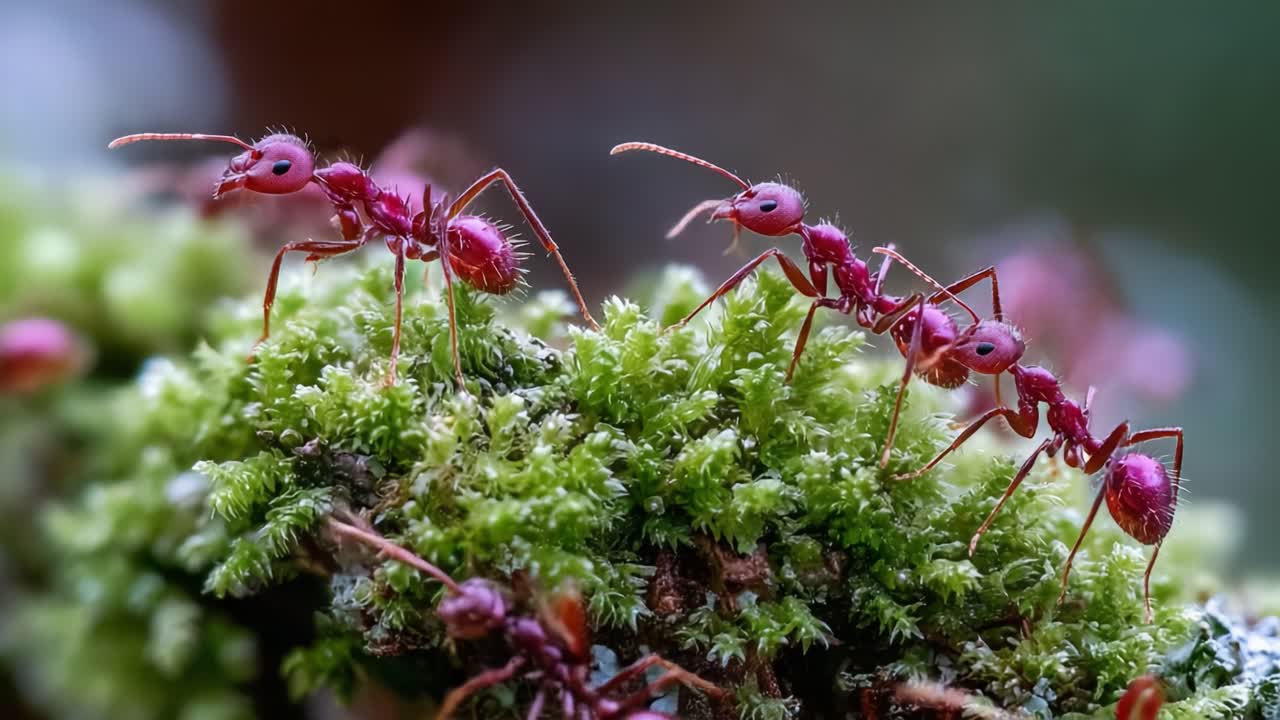 A Fascinating Glimpse into the Lives of Red Ants on Moss, Capturing Their Intricate Movements and Unique Characteristics in Nature's Miniature World
