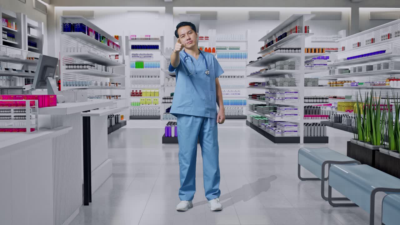 스테토스코프를 가진 아시아 남성 의사의 몸이 가득 차 있으며 약국에서 정직한 몸짓을 하고 미소를 짓고 있습니다.