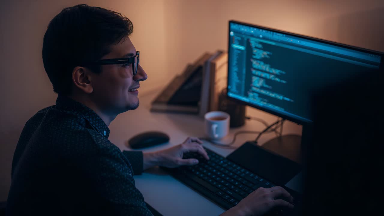 Reacting to monitor glow, developer wearing glasses at home, scanning code and typing on keyboard