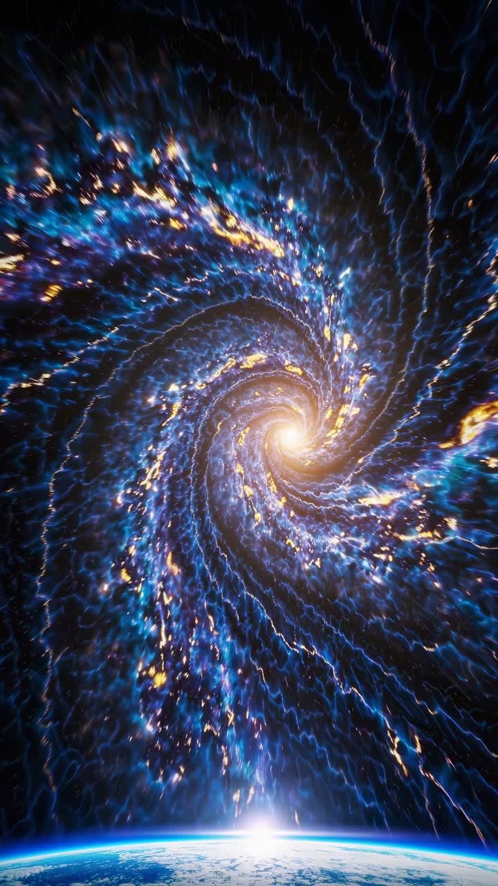 A mesmerizing cosmic spiral in a video, captured from a top-down angle, showcasing vibrant