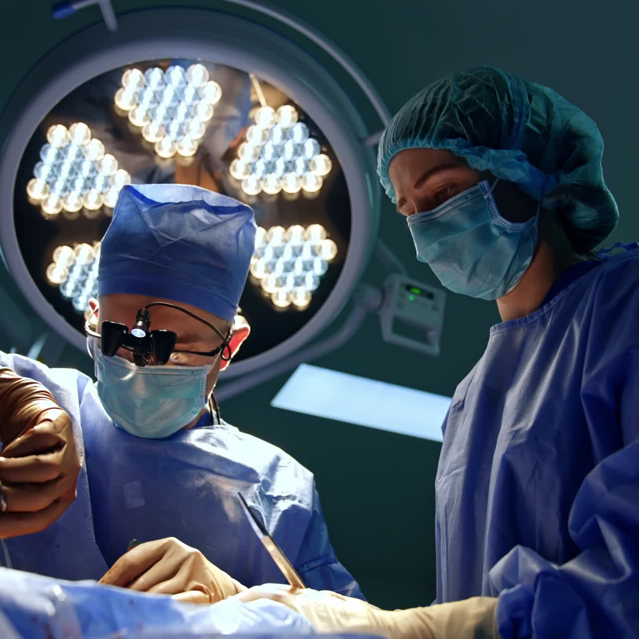 Neurochirurgo esegue un intervento guardando attraverso gli occhiali del dispositivo. L'assistente si trova accanto a lui e tiene in mano lo strumento preparato per il chirurgo