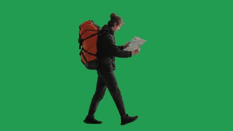 person with backpack and map, green screen