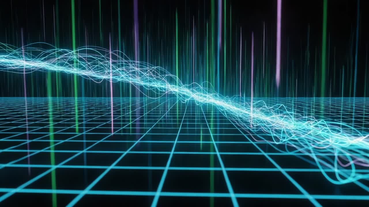 Dynamic Waves in a Digital Space: An Abstract Visualization of Energetic Flow Represented by Vibrant Lines on a Grid Background