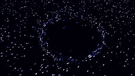 우주에서 별들의 추상적인 빠른 비행, 검은 벌레 구을 가로지르는, 이 없는 루프, 애니메이션, 검은색 배경에 검은 구과 은하를 가진 우주 배경