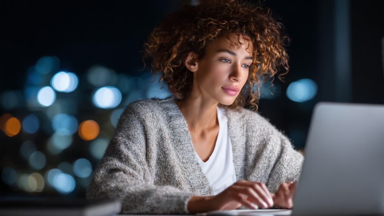 A focused woman engaged in work on her laptop at night, illuminated by the glow of city lights, embodying concentration and modern productivity in a tranquil setting