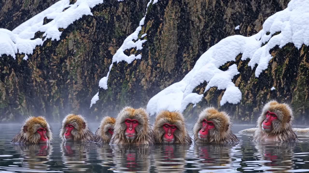 A serene video scene of snow monkeys bathing in a hot spring, captured at eye level