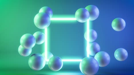 4k video of balls in motion and square on blue green background.