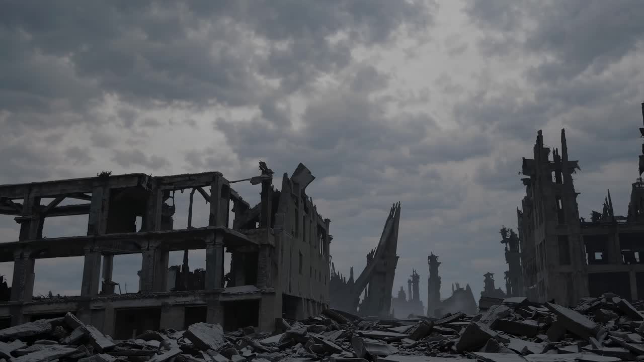 A dramatic wide-angle shot of a post-apocalyptic cityscape with crumbling buildings under a cloudy