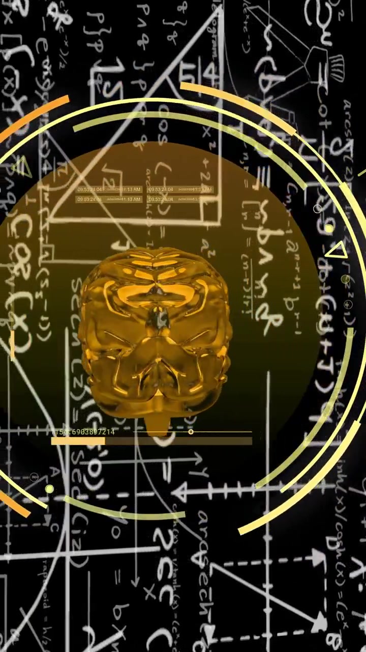 Video vertical: Cerebro 3D dorado apareciendo en HUD, anillos giratorios e inclinados que se desplazan visualizando matemáticas.